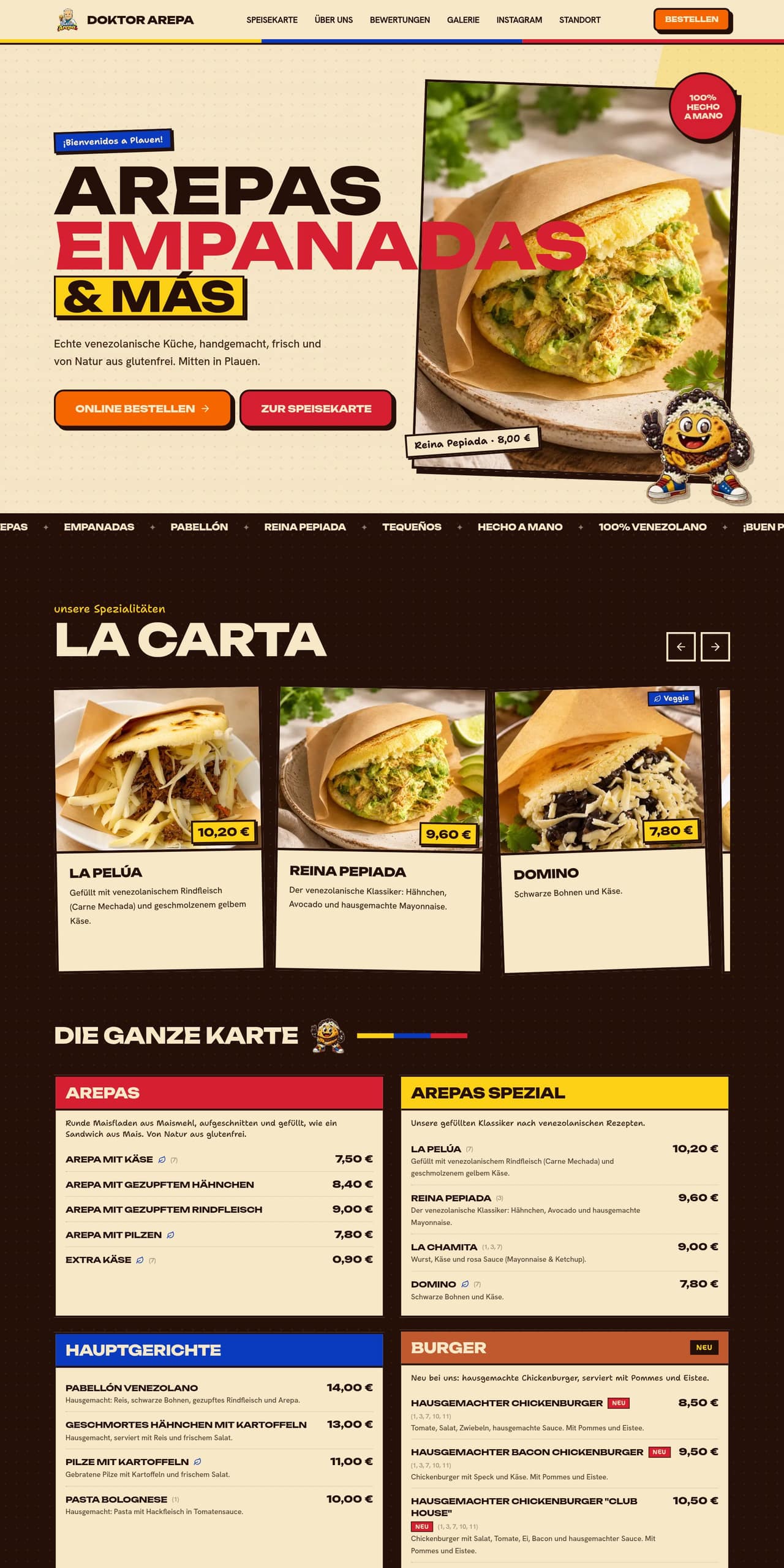 Website von Doktor Arepa: Speisekarte und Online-Bestellung